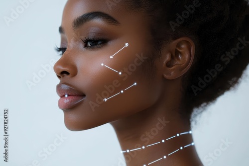 Close-up of African American woman using a side-point massager for skin contouring on her chin and neck, with arrows illustrating treatment areas, set against a white background

 photo