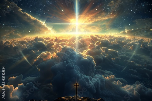 Divine Rays Illuminating the World with a Shining Cross in Clouds