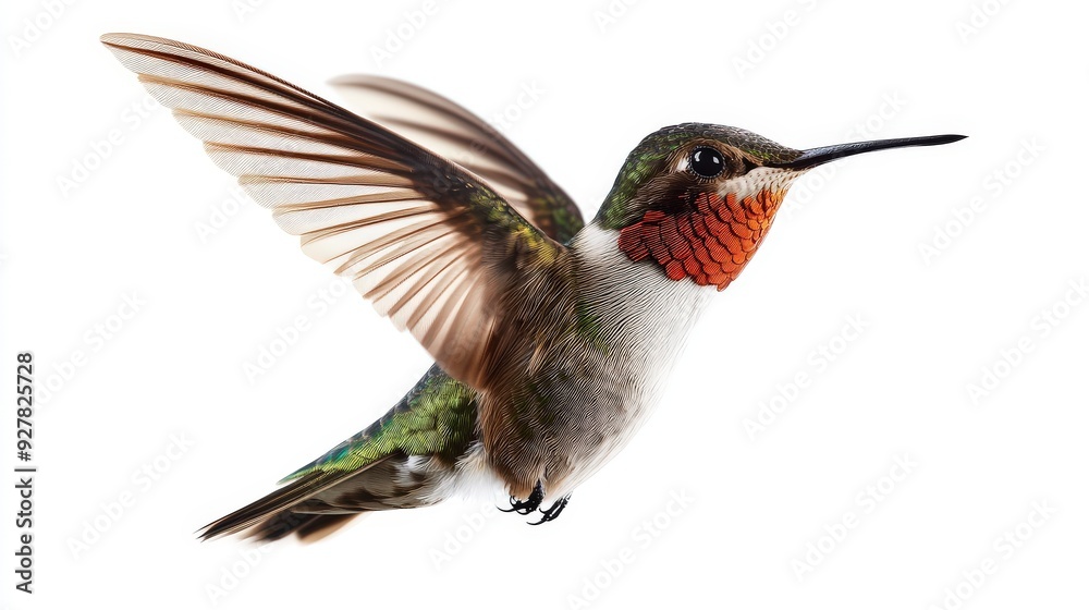 Fototapeta premium A ruby-throated hummingbird in flight, isolated on a white background.