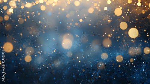 Festive celebration holiday christmas, new year, new year's eve banner template illustration - Abstract gold bokeh lights on dark blue background, Generative AI