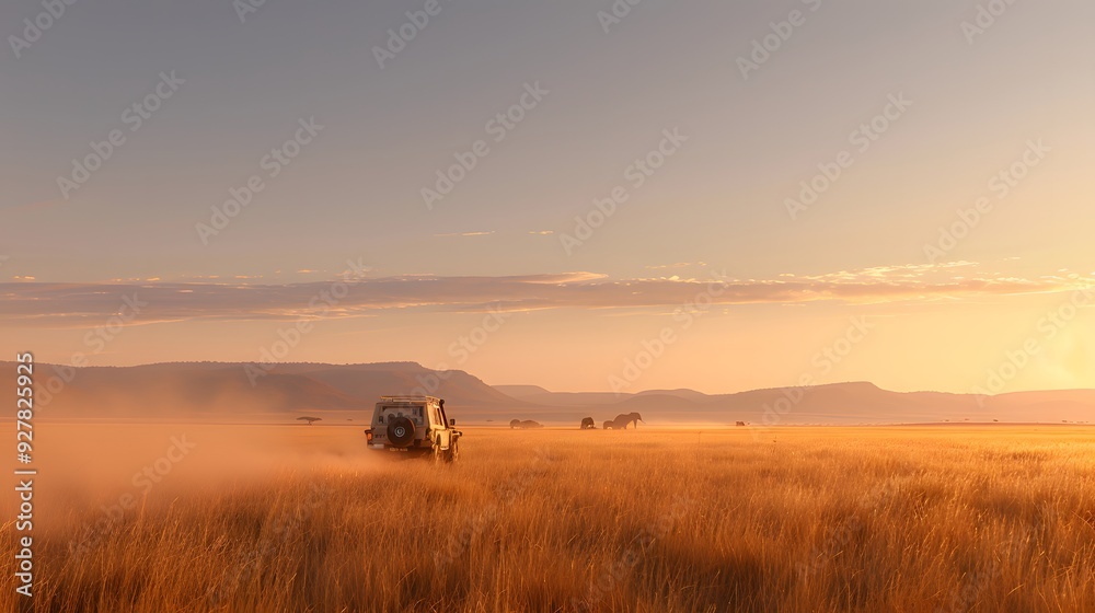 safari 4X4 car driving through the beautiful landscape during sunset safari 4X4 car driving through the beautiful landscape during sunset