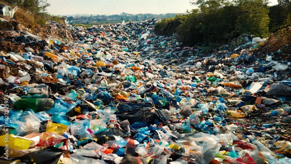 Landfill with scattered trash and plastic waste. Environmental pollution and natural damage concept. Waste management, recycling. Global environmental issue of waste disposal
