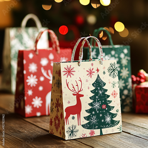 Christmas shopping bags with christmas tree and reindeer on wooden background