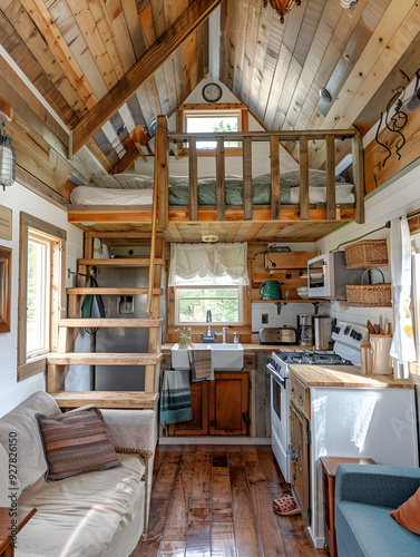 extreme wide shot in a tiny house interior with amazing architecture design style with kitchen, a loft with stairs, railings and a bed