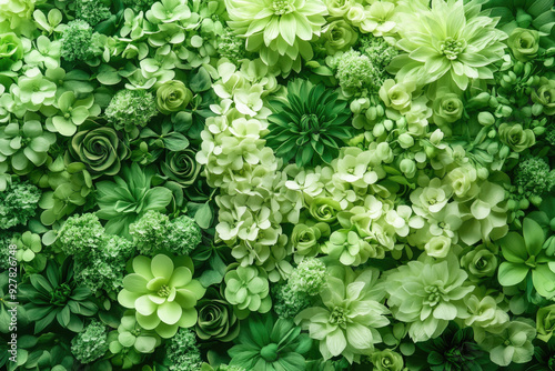 A vibrant backdrop of green flowers, creating a fresh and natural atmosphere.