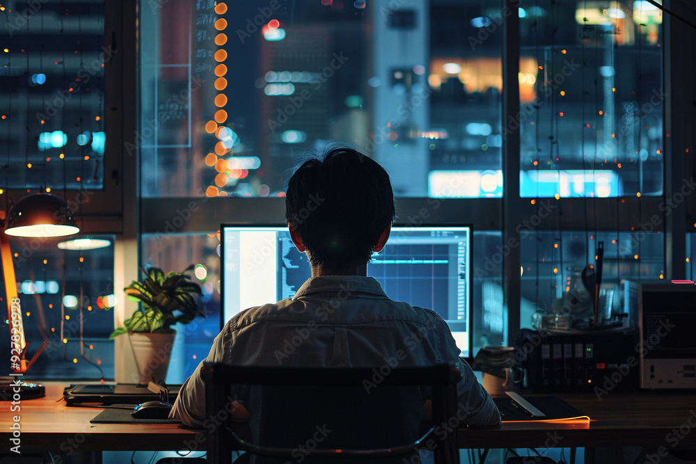 back view of man working with modern computer in office