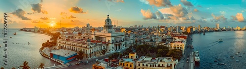 Aerial View of Havana, Cuba, at Sunset with the Capitol Building and a Harbor.
