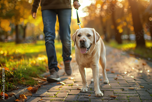 man walking with his cute golden retriever dog in autumn park photo