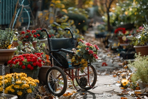 Adaptive gardening tools in a vibrant garden during autumn with wheelchair and colorful flowers