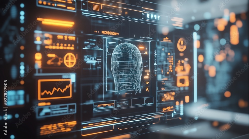 Naklejka premium Futuristic digital interface with a wireframe human head on a dark background.