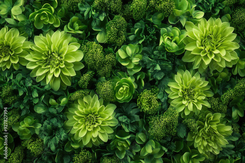 A vibrant backdrop of green flowers, creating a fresh and natural atmosphere.