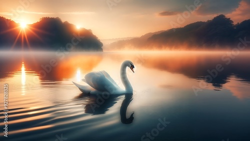 swan on the lake at sunset