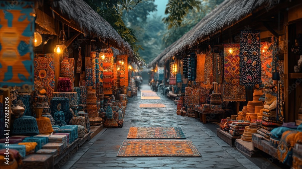 Fototapeta premium A narrow cobblestone street lined with traditional Indonesian shops selling colorful rugs and textiles