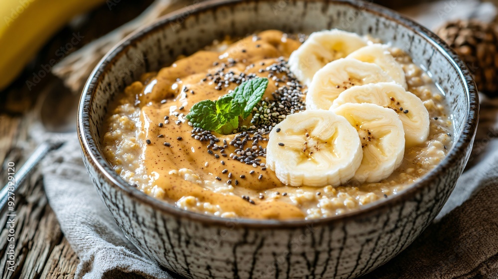A bowl of oatmeal with a peanut butter swirl, topped with sliced bananas, chia seeds, and a drizzle of honey, set on a rustic wooden table with natural light A bowl of oatmeal with a peanut butter swirl, topped with sliced bananas, chia seeds, and a drizzle of honey, set on a rustic wooden table with natural light