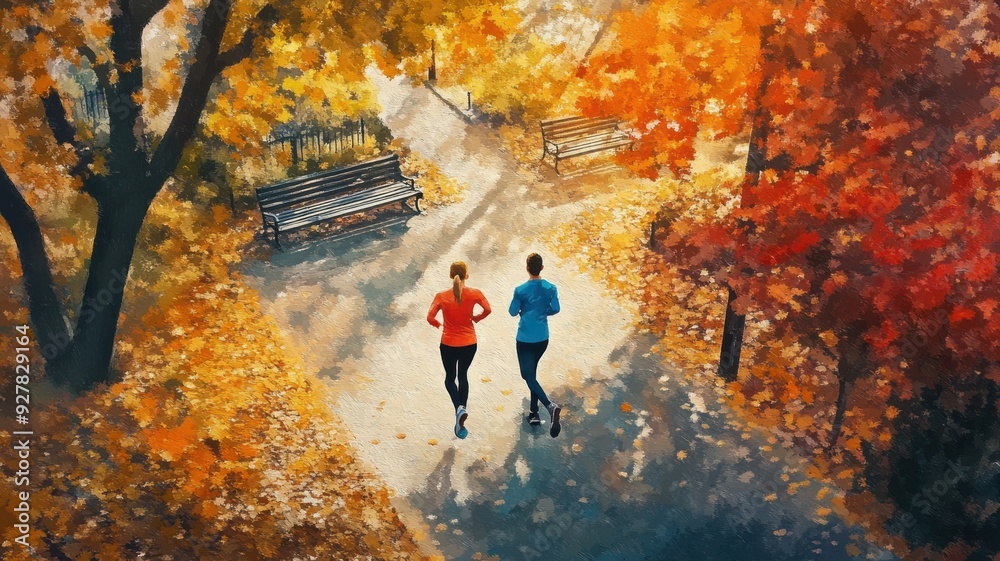 Oil painting of a couple jogging energetically in a city park, autumn attire and vivid colors highlighting fallen leaves, park benches, and natural textures. Athletic couple jogging during autumn Oil painting of a couple jogging energetically in a city park, autumn attire and vivid colors highlighting fallen leaves, park benches, and natural textures. Athletic couple jogging during autumn