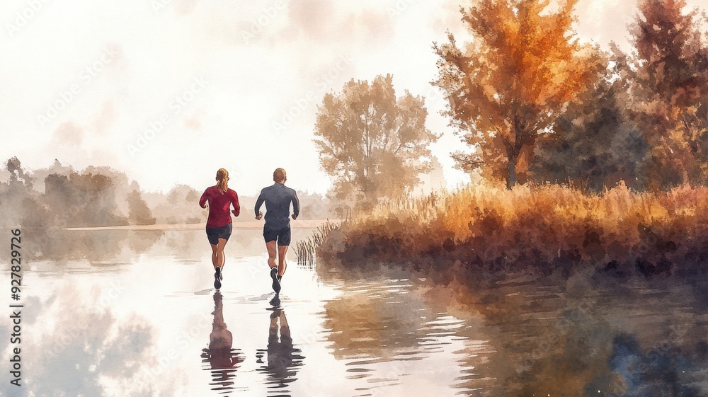 Watercolor painting of athletic couple jogging in fall-themed clothing near a lake, with muted autumn colors, reflections in water, and diffused sunlight. Athletic couple jogging during autumn Watercolor painting of athletic couple jogging in fall-themed clothing near a lake, with muted autumn colors, reflections in water, and diffused sunlight. Athletic couple jogging during autumn