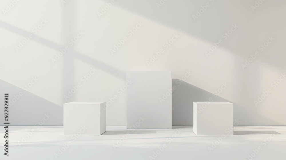 Minimalist white space, floating shapes and shadows, 3D illustration Minimalist white space, floating shapes and shadows, 3D illustration