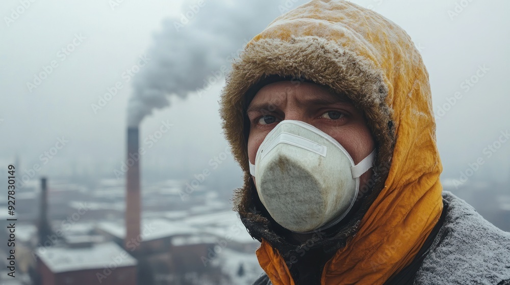 Man in Mask Looking at Smog in Industrial Area
