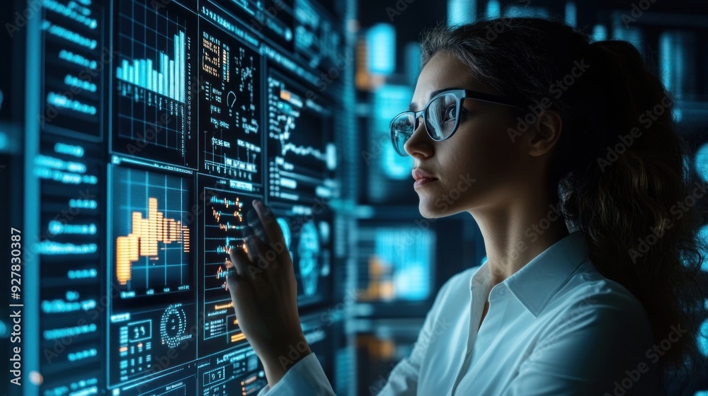 Woman Analyzing Data on a Large Digital Screen Woman Analyzing Data on a Large Digital Screen