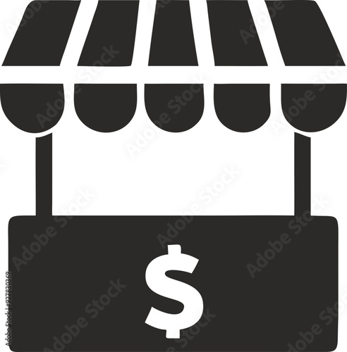 Market stall with dollar sign, black and white minimalist icon symbolizing commerce and sales