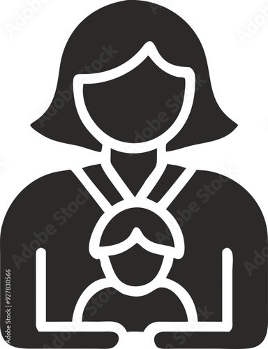 Mother carrying child icon, black and white minimalist design symbolizing parenthood and care