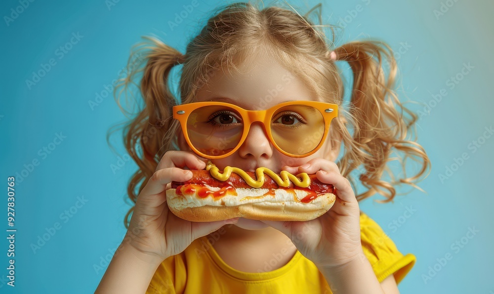 Little girl with orange sunglasses, enjoying a big hotdog against a matching background. Free copy space for text.