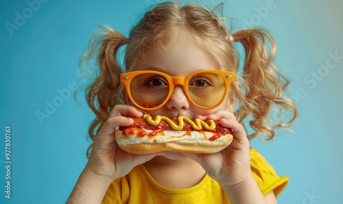 Obraz na płótnie Little girl with orange sunglasses, enjoying a big hotdog against a matching background. Free copy space for text. w salonie