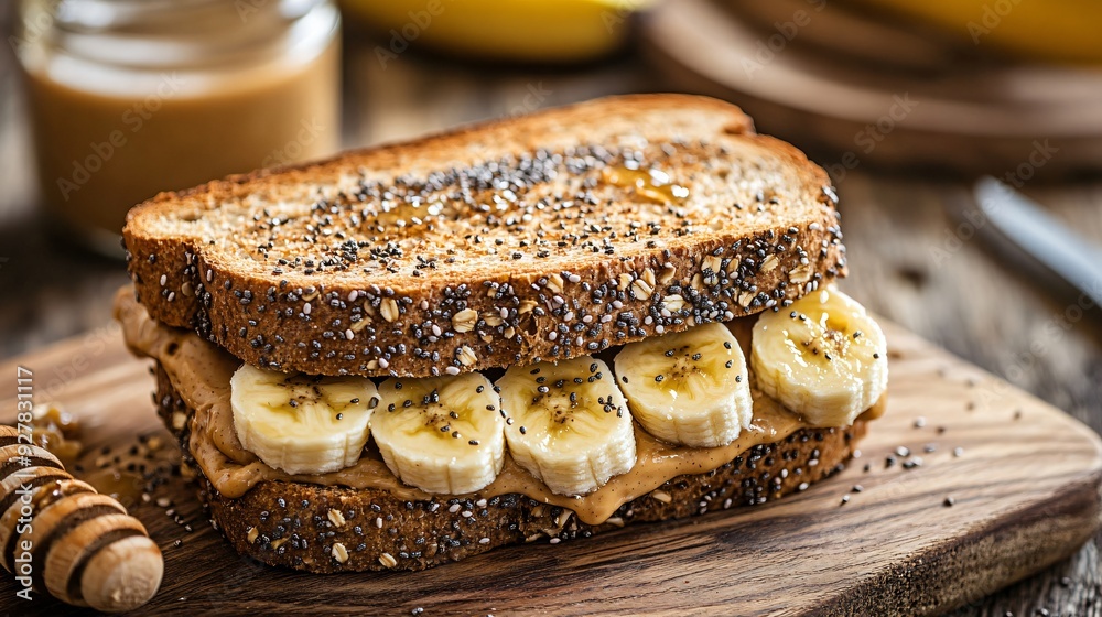 A gourmet peanut butter and banana sandwich on whole-grain bread, with a drizzle of honey and a sprinkle of chia seeds, served on a wooden cutting board A gourmet peanut butter and banana sandwich on whole-grain bread, with a drizzle of honey and a sprinkle of chia seeds, served on a wooden cutting board