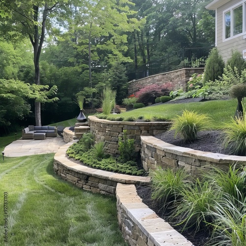 Landscaped backyard with stone retaining walls and a variety of plants.  photo