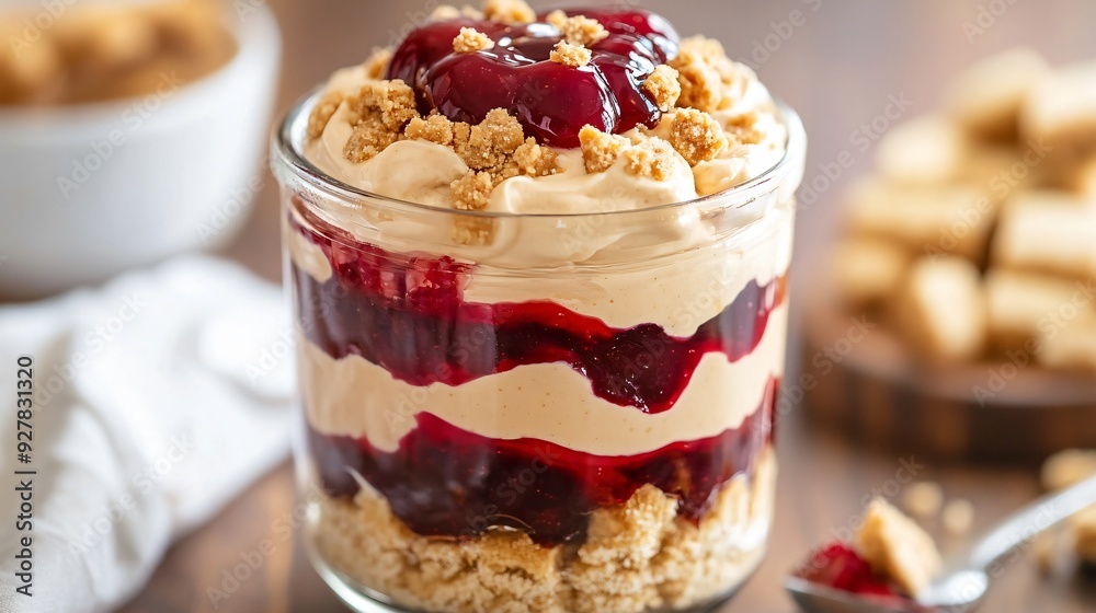 A gourmet peanut butter and jelly trifle, with layers of creamy peanut butter mousse, grape jelly, and crumbled shortbread, served in a glass jar A gourmet peanut butter and jelly trifle, with layers of creamy peanut butter mousse, grape jelly, and crumbled shortbread, served in a glass jar