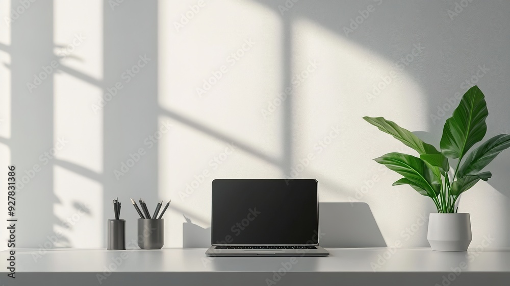 A minimalist office setup with a sleek desk, laptop, and potted plant, emphasizing a clean and clutter-free workspace A minimalist office setup with a sleek desk, laptop, and potted plant, emphasizing a clean and clutter-free workspace