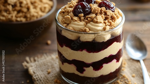 A gourmet peanut butter and jelly trifle, with layers of creamy peanut butter mousse, grape jelly, and crumbled shortbread, served in a glass jar photo