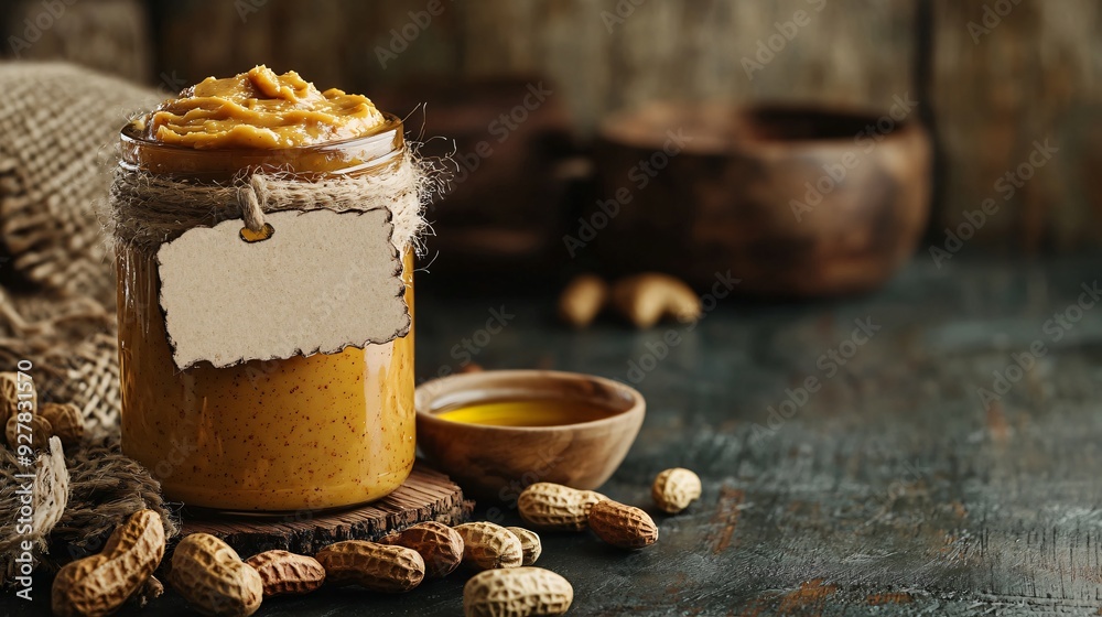 A jar of homemade peanut butter with a rustic label, surrounded by a scattering of roasted peanuts and a small bowl of peanut oil, set on a dark wooden surface with a cozy kitchen backdrop A jar of homemade peanut butter with a rustic label, surrounded by a scattering of roasted peanuts and a small bowl of peanut oil, set on a dark wooden surface with a cozy kitchen backdrop