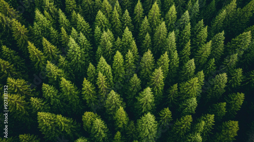 Aerial view of lush fir trees forming a dense forest.