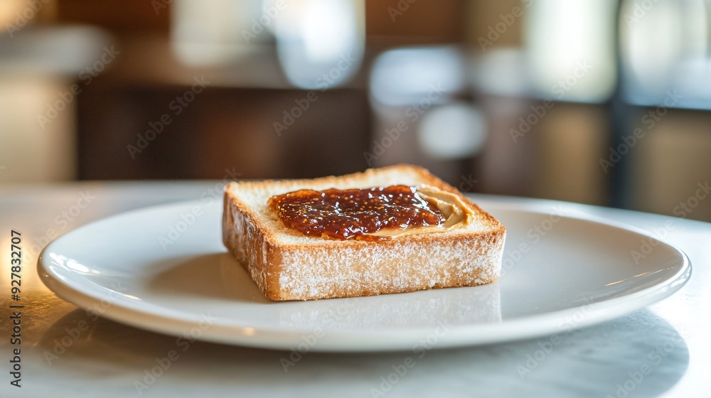 A close up shot of peanut butter spread on a slice of sourdough bread, topped with a layer of fig jam, served on a white plate A close up shot of peanut butter spread on a slice of sourdough bread, topped with a layer of fig jam, served on a white plate