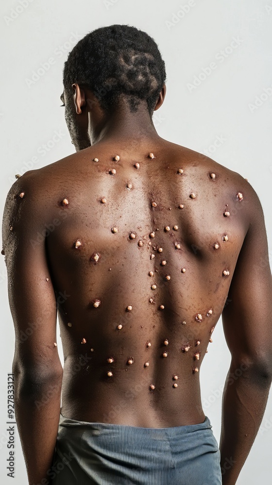 Fototapeta premium Male back affected by blistering rash because of monkeypox or other viral infection on white background