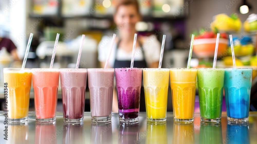 Colorful fresh fruit juice drink in a row on table in a fruit drink store Colorful fresh fruit juice drink in a row on table in a fruit drink store