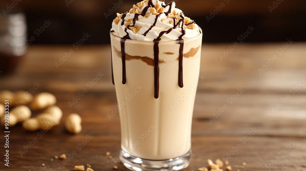 A rich peanut butter milkshake topped with a swirl of whipped cream, a drizzle of chocolate syrup, and crushed peanuts, served in a tall glass A rich peanut butter milkshake topped with a swirl of whipped cream, a drizzle of chocolate syrup, and crushed peanuts, served in a tall glass