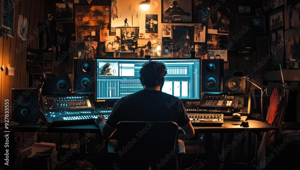 Man editing video in a dimly lit room. Man editing video in a dimly lit room.