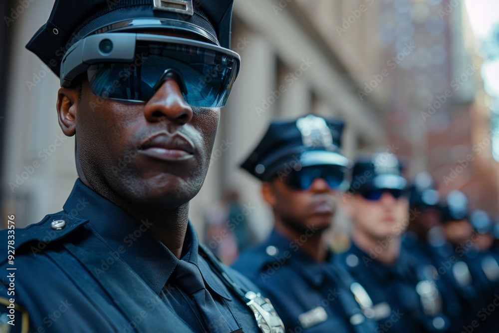 Police officers using smart glasses during a public safety event in an urban area Police officers using smart glasses during a public safety event in an urban area
