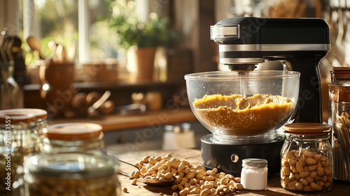 A rustic kitchen scene with a food processor making fresh peanut butter, with peanuts, honey, and a pinch of salt visible, surrounded by jars and kitchen utensils, bathed in warm, natural light