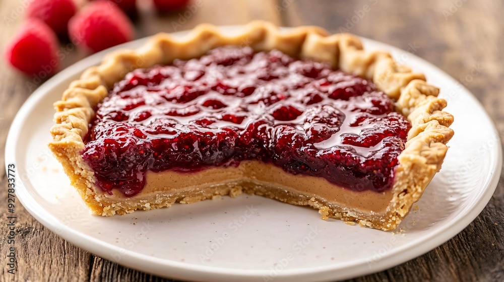 A rustic peanut butter and jelly tart, with a flaky crust and a thick layer of peanut butter and raspberry jelly, served on a simple white plate with a wooden background A rustic peanut butter and jelly tart, with a flaky crust and a thick layer of peanut butter and raspberry jelly, served on a simple white plate with a wooden background