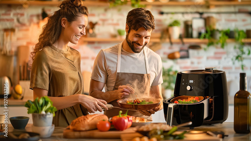 A man and a woman are cooking together in a kitchen. The man is wearing an apron and the woman is wearing a white shirt. They are making soup and there are several bowls and spoons on the counter