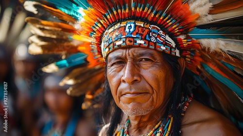 Man wearing traditional indigenous feather headdress at a cultural festival