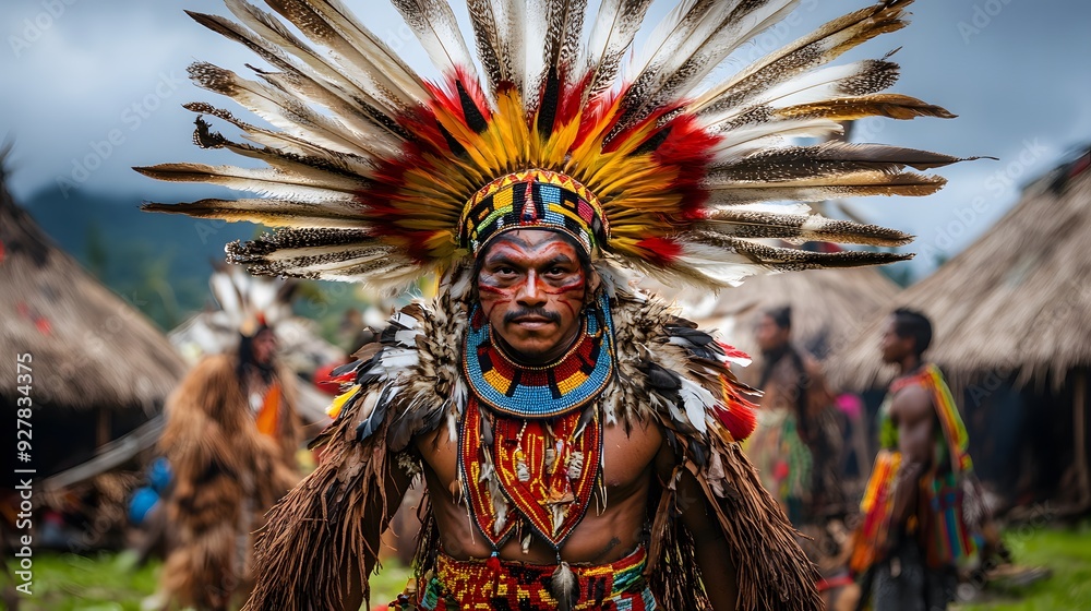 Fototapeta premium Indigenous man in traditional feathered headdress at a cultural gathering