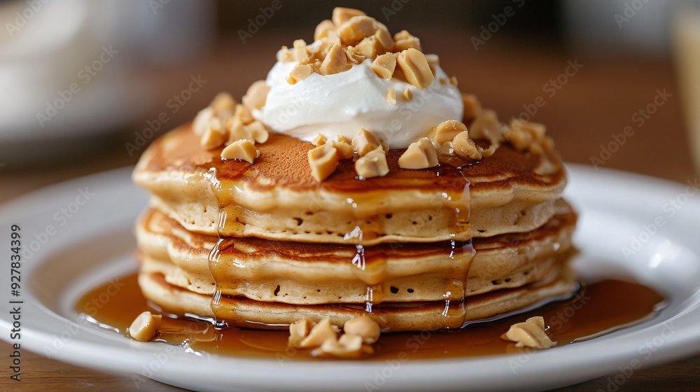 A stack of fluffy peanut butter pancakes topped with a dollop of whipped cream, a drizzle of syrup, and a sprinkle of chopped peanuts, served on a white plate A stack of fluffy peanut butter pancakes topped with a dollop of whipped cream, a drizzle of syrup, and a sprinkle of chopped peanuts, served on a white plate