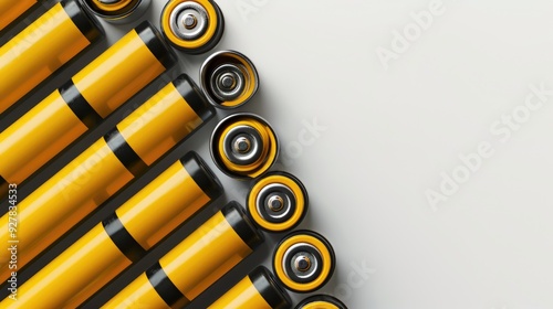 Yellow black AAA alkaline batteries arranged diagonally on white background with space for text photo