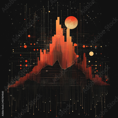 Futuristic Urban Skyline with Abstract Data Visualization and Sunset Silhouette in a Dark Minimalist Design