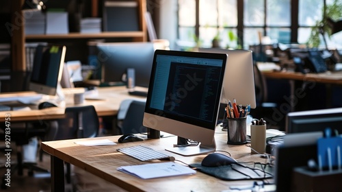 A professional office environment with individual workstations, each featuring a computer, phone, and organized paperwor