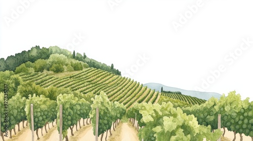 A serene vineyard landscape showcasing rows of lush grapevines on rolling hills under a clear sky. watercolor Style photo